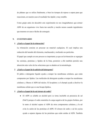 de plátano que se utiliza finalmente, o bien los tiempos de reposo o espera para que
reaccionen, en nuestro caso el resultado fue rápido y muy notable.
Como grupo antes de descubrir este experimento no nos imaginábamos que extraer
ADN de un organismo vivo fuera tan sencillo y mucho menos usando ingredientes
que tenemos en casa o fáciles de conseguir.
9. CUESTIONARIO
1. ¿Cuál es el papel de la trituración?
La trituración consiste en procesar un material cualquiera. El cual implica una
reducción del tamaño del elemento, machacando y moliendo sus partículas.
El papel que cumple en este proceso es importante ya que en la trituración se segregan
las enzimas, proteínas y lípidos de la fruta, posterior a ello también permite una
absorción más veloz de las soluciones que se añaden en la metodología.
2. ¿Cuál es el papel de la adición del detergente?
El jabón o detergente líquido ayuda a romper las membranas celulares, que están
compuestas por lípidos. Las moléculas de detergente ayudan a romper las membranas
celulares y liberar el ADN del núcleo. El lavaplatos o el champú ayuda a disolver la
membrana celular que es una bicapa lipídica.
3. ¿Cuál es el papel de la sal cloruro de sodio?
● El ADN es soluble en alcohol pero se torna insoluble en presencia de sal
(NaCl) porque el sodio neutraliza la carga negativa de los grupos fosfatos, por
lo tanto el alcohol separa el ADN de otros componentes celulares, y la sal
evita la unión de las proteínas al ADN. El cloruro de sodio o sal de cocina
ayuda a separar algunas de las proteínas que están unidas al ADN. También
 