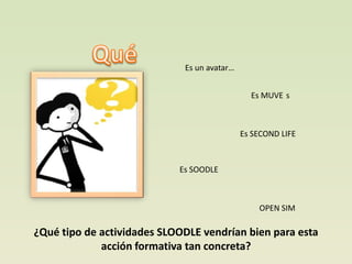Es un avatar…


                                               Es MUVE s



                                             Es SECOND LIFE



                            Es SOODLE



                                                 OPEN SIM

¿Qué tipo de actividades SLOODLE vendrían bien para esta
             acción formativa tan concreta?
 