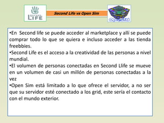 Second Life vs Open Sim




•En Second life se puede acceder al marketplace y allí se puede
comprar todo lo que se quiera e incluso acceder a las tienda
freebbies.
•Second Life es el acceso a la creatividad de las personas a nivel
mundial.
•El volumen de personas conectadas en Second Llife se mueve
en un volumen de casi un millón de personas conectadas a la
vez
•Open Sim está limitado a lo que ofrece el servidor, a no ser
que su servidor esté conectado a los grid, este sería el contacto
con el mundo exterior.
 