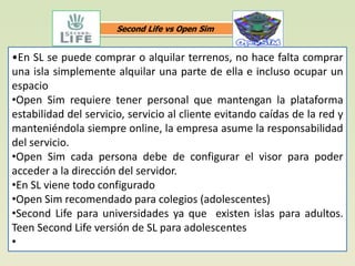 Second Life vs Open Sim


•En SL se puede comprar o alquilar terrenos, no hace falta comprar
una isla simplemente alquilar una parte de ella e incluso ocupar un
espacio
•Open Sim requiere tener personal que mantengan la plataforma
estabilidad del servicio, servicio al cliente evitando caídas de la red y
manteniéndola siempre online, la empresa asume la responsabilidad
del servicio.
•Open Sim cada persona debe de configurar el visor para poder
acceder a la dirección del servidor.
•En SL viene todo configurado
•Open Sim recomendado para colegios (adolescentes)
•Second Life para universidades ya que existen islas para adultos.
Teen Second Life versión de SL para adolescentes
•
 