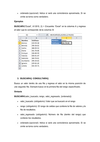  ordenado (opcional): Indica si será una coincidencia aproximada. Si se
omite se toma como verdadero.
Ejemplos
BUSCARV(“Excel”, A1:B10, 2) = Encuentra “Excel” en la columna A y regresa
el valor que le corresponde de la columna B
3. BUSCARH() CONSULTARH()
Busca un valor dentro de una fila y regresa el valor en la misma posición de
una segunda fila. Siempre busca en la primera fila del rango especificado.
Sintaxis
BUSCARH(valor_buscado, rango, valor_regresado, [ordenado])
 valor_buscado (obligatorio): Valor que se buscará en el rango
 rango (obligatorio): El rango de celdas que contiene la fila de valores y la
fila de resultados.
 valor_regresado (obligatorio): Número de fila (dentro del rango) que
contiene los resultados.
 ordenado (opcional): Indica si será una coincidencia aproximada. Si se
omite se toma como verdadero.
 