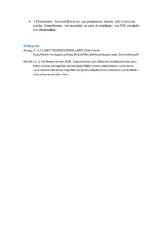  • Permanentes. Son modificaciones que permanecen durante todo el proceso
escolar. Generalmente, son necesarias en caso de estudiantes con NEE asociadas
a la discapacidad.
Bibliografía
Arango,P. (s.f.). ADAPTACIONESCURRICULARES. Obtenidode
http://www.homo.gov.co/sites/default/files/archivos/adaptaciones_Curriculares.pdf
Morales,S. (s.f de Noviembrede 2014). Adpataciones.com.Obtenidode Adpataciones.com:
https://www.monografias.com/trabajos104/proyecto-adaptaciones-curriculares-
necesidades-educativas-especiales/proyecto-adaptaciones-curriculares-necesidades-
educativas-especiales.shtml
 