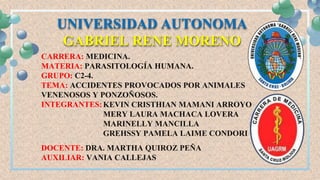 UNIVERSIDAD AUTONOMA
GABRIEL RENE MORENO
CARRERA: MEDICINA.
MATERIA: PARASITOLOGÍA HUMANA.
GRUPO: C2-4.
TEMA: ACCIDENTES PROVOCADOS POR ANIMALES
VENENOSOS Y PONZOÑOSOS.
INTEGRANTES:KEVIN CRISTHIAN MAMANI ARROYO
MERY LAURA MACHACA LOVERA
MARINELLY MANCILLA
GREHSSY PAMELA LAIME CONDORI
DOCENTE: DRA. MARTHA QUIROZ PEÑA
AUXILIAR: VANIA CALLEJAS
 