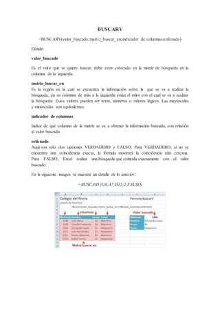 BUSCARV
=BUSCARV(valor_buscado;matriz_buscar_en;indicador de columnas;ordenado)
Dónde:
valor_buscado
Es el valor que se quiere buscar, debe estar colocado en la matriz de búsqueda en la
columna de la izquierda.
matriz_buscar_en
Es la región en la cual se encuentra la información sobre la que se va a realizar la
búsqueda, en su columna de más a la izquierda están el valor con el cual se va a realizar
la búsqueda. Estos valores pueden ser texto, números o valores lógicos. Las mayúsculas
y minúsculas son equivalentes.
indicador de columnas
Indica de qué columna de la matriz se va a obtener la información buscada, con relación
al valor buscado.
ordenado
Aquí son sólo dos opciones VERDADERO o FALSO. Para VERDADERO, si no se
encuentra una coincidencia exacta, la fórmula mostrará la coincidencia más cercana.
Para FALSO, Excel realiza una búsqueda que coincida exactamente con el valor
buscado.
En la siguiente imagen se muestra un detalle de lo anterior:
=BUSCARV(G6;A7:D12;2;FALSO)
 