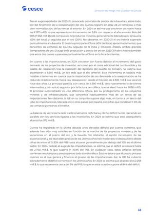 Dirección de Riesgo País y Gestión de Deuda
18
Tras el auge exportador de 2020-21, provocado por el alza de precios de la bauxita y, sobre todo,
por del fenómeno de la reexportación del oro, Guinea registro en 2022-23 un retroceso, o más
bien normalización, de las ventas al exterior. En 2024 se estima que crecieron de nuevo hasta
los 8.557 mill.$, lo que representa un incremento del 5,8% con respecto al año anterior. Más del
90% (7.650 mill.$) está compuesto de productos mineros, generalmente liderados por la bauxita
(60% del total) y seguidos por el oro (20%). No obstante, en 2020-21 el oro habría superado
puntualmente a la bauxita. El destino principal es China (45% del total, aproximadamente), que
concentra las compras de bauxita, seguido de la India y Emiratos Árabes, ambos grandes
compradores de oro. El auge de la producción y precio del oro en 2020-21 habría hecho también
que estos dos países superasen puntualmente a China en la lista de clientes.
En cuanto a las importaciones, en 2024 crecieron con fuerza debido al incremento del gasto
derivado de los proyectos de inversión, así como por el coste adicional del combustible y los
gastos de reparación tras la explosión del depósito del puerto de Conakry. Se estima que
ascenderán a 8.507 mill.$, un 15% más que el año anterior. Este incremento es todavía más
notable si tenemos en cuenta que la importación de oro destinada a la reexportación se ha
reducido drásticamente, hasta casi desaparecer, desde el máximo de 2.300 mill.$ que alcanzó
hace dos años. La principal partida, con cerca de 4.500 mill.$, será nuevamente la de bienes
intermedios y de capital, seguidos por la factura petrolífera, que se elevó hasta los 1.638 mill.$.
El principal suministrador es, con diferencia, China, por su protagonismo en los proyectos
mineros y de infraestructuras, que concentra habitualmente más de un tercio de las
importaciones. No obstante, la UE en su conjunto supone algo más, en torno a un tercio del
total de importaciones, liderada entre otros países por España, con cifras que rondan el 7-8% de
las compras guineanas al exterior.
La balanza de servicios ha sido tradicionalmente deficitaria y dicho déficit ha ido creciendo en
paralelo con los servicios ligados a las inversiones. En 2024 se estima que este desequilibrio
alcanzó los 972 mill.$.
Guinea ha registrado en la última década unos elevados déficits por cuenta corriente, que
además han sido muy volátiles en función de la marcha de los proyectos mineros y de las
variaciones en el precio del oro y la bauxita. No obstante, el rápido incremento de las
exportaciones y los favorables precios de los últimos años han moderado el desequilibrio desde
cifras de entre el 15-30% del PIB hasta situarse generalmente por debajo del 10% en el último
lustro. En 2024, debido al auge de las importaciones, se estima que el déficit se elevará hasta
los 2.700 mill.$, lo que supone el 10,9% del PIB. En cualquier caso, estos amplios déficits
corrientes resultan poco preocupantes dada su naturaleza. Esto se debe a que el propio proceso
inversor es el que genera y financia el grueso de las importaciones. Así, la IED ha cubierto
sobradamente el déficit corriente en los últimos años. En 2024 se estima que alcanzará los 2.258
mill.$, lo que representa cerca del 9% del PIB, lo que en esta ocasión supone el 84% del déficit.
 