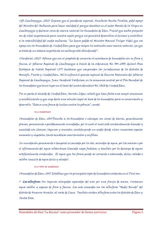 (GR-Lambayeque, 2012) Expresa que el presidente regional, Humberto Acuña Peralta, pidió apoyo
del Ministro del Ambiente para hacer realidad el parque temático en el sector Montes de la Virgen en
Lambayeque y declarar zona de reserva natural los Humedales de Eten. Precisó que ambos proyectos
son de vital importancia para nuestra región porque nos permitirá desarrollar el turismo y contribuir
a la sostenibilidad del medio ambiente. “Le hemos pedido al Ministro Manuel Pulgar Vidal que nos
apoye con los Humedales de Ciudad Eten para que salgan la resolución como reserva natural, ya que
se trata de un sistema importante sin embargo está abandonado”.
(Sandoval, 2012) Afirma que con el propósito de conservar el ecosistema de humedales con su flora y
fauna, el Gobierno Regional de Lambayeque a través de la ordenanza No. 004-2005, declaró Área
Ecológica de Interés Regional 1,377 hectáreas que comprenden las jurisdicciones de los distritos de
Monsefú, Puerto y Ciudad Eten. Así lo informó el gerente regional de Recursos Naturales del Gobierno
Regional de Lambayeque, Juan Sandoval Valdivieso, en la ceremonia central por el Día Mundial de
los Humedales que tuvo lugar en el local del centro educativo No. 11028 de Ciudad Eten.
Por su parte el alcalde de Ciudad Eten, Hernán López, señaló que hace falta una mayor conciencia
y sensibilización y que urge darle una solución legal al área de los humedales para su conservación y
desarrollo. “Esta es una forma de luchar contra la pobreza”, anotó.
III.1.2. HUMEDALES:

(Humedales de Eten, 2011)Describe a los Humedales o ciénagas son zonas de tierras, generalmente
planas, permanente o periódicamente inundadas, por lo cual el suelo está constantemente húmedo y
mezclado con charcas, lagunas y arenales, constituyendo un medio donde viven numerosas especies
animales y vegetales, tanto acuáticas como terrestres y anfibias.
Su inundación permanente o temporal es causada por los ríos, avenidas de agua, por las mareas o por
el afloramiento del agua subterránea llamada napa freática; y también por la descarga de aguas
artificialmente conducidas. El agua que las forma puede ser corriente o estancada, dulce, salada o
salobre (mezcla de agua dulce y salada).
III.1.3. TIPOS DE HUMEDALES

(Humedales de Eten, 2011) Establece que los principales tipos de humedales existentes en el Perú son:
 Las albuferas: Son lagunas alargadas separadas del mar por una franja de arena. Contienen
agua salobre y especies de flora y fauna. Las más conocidas son las albuferas “Medio Mundo” del
distrito de Huaura-Huacho, al norte de Lima. También existen albuferas entre los distritos de Eten y
Santa Rosa.

Humedales de Eten “La Bocana” como proveedor de bienes yservicios

Página 3

 