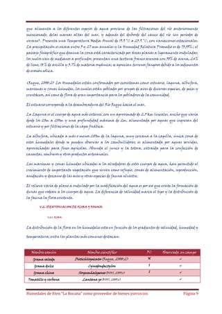 que alimenta a los diferentes espejos de agua proviene de las filtraciones del río anteriormente
mencionado, delas mareas altas del mar, y además del desborde del cauce del río (en períodos de
verano). Presenta una Temperatura Media Anual de 19.9 °C a 23.9 °C, con variaciones estacionales.
La precipitación es escasa entre 5 y 27 mm anuales y la Humedad Relativa Promedio es de 75.55%.; el
paisaje fisiográfico que domina la zona está caracterizado por áreas planas a ligeramente onduladas;
los suelos van de medianos a profundos; presentan una textura franco arenosa con 58% de arena, 24%
de limo, 18 % de arcilla y 3.7% de materia orgánica; se aprecian terrenos fangosos debido a los sedimentos
de erosión eólica.
(Reque, 2008:2) Los Humedales están conformados por ecosistemas como: estuario, laguna, albufera,
marismas y zonas húmedas, los cuales están poblados por grupos de aves de diversas especies, de peces y
crustáceos, así como de flora de gran importancia para los pobladores de la comunidad.
El estuario corresponde a la desembocadura del Río Reque hacia el mar.
La Laguna es el cuerpo de agua más extenso, con un aproximado de 2.5 km lineales, ancho que varía
desde los 20m a 200m y una profundidad máxima de 2m, alimentada por aguas que ingresan del
estuario y por filtraciones de la capa freática.
La albufera, ubicada a más o menos 280m de la laguna, muy cercana a la capilla, única zona de
estos humedales donde se pueden observar a los zambullidores; es alimentada por aguas servidas,
aprovechadas para fines agrícolas. Abunda el junco y la totora, extraída para la confección de
canastas, sombreros y otros productos artesanales.
Las marismas y zonas húmedas ubicadas a los alrededores de estos cuerpos de agua, han permitido el
crecimiento de importante vegetación que sirven como refugio, zonas de alimentación, reproducción,
anidación y descanso de las aves y otras especies de fauna silvestre.
El relieve varía de plano a ondulado por la modificación del agua es por eso que existe la formación de
dunas que rodean a los cuerpos de agua. La diferencia de salinidad marca el tipo y la distribución de
la fauna la flora existente.
V.2. IDENTIFICACION DE FLORA Y FAUNA:
V.2.1. FLORA:

La distribución de la flora en los humedales esta en función de los gradientes de salinidad, humedad y
temperatura; entre las plantas más comunes destacan:

Nombre común

Nombre científico

FC

Grama salada

Distichlisspicata(Reque, 2008:2)

N



Grama dulce

Cynodondactylon

I



Grama china

Sorgumhalepense(BIOS, 2009:6)

I



Tomatillo y verbena

Lantana sp(BIOS, 2009:6)

Humedales de Eten “La Bocana” como proveedor de bienes yservicios

Observado. en campo



Página 9

 