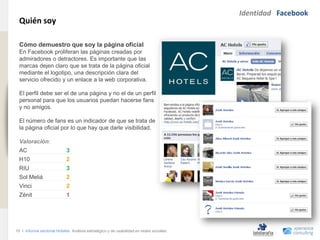 Identidad Facebook
                                Quién soy
www.xperienceconsulting.com




                                Cómo demuestro que soy la página oficial
                                En Facebook proliferan las páginas creadas por
                                admiradores o detractores. Es importante que las
                                marcas dejen claro que se trata de la página oficial
                                mediante el logotipo, una descripción clara del
                                servicio ofrecido y un enlace a la web corporativa.

                                El perfil debe ser el de una página y no el de un perfil
                                personal para que los usuarios puedan hacerse fans
                                y no amigos.

                                El número de fans es un indicador de que se trata de
                                la página oficial por lo que hay que darle visibilidad.

                                Valoración:
                                AC                        3
                                H10                       2
                                RIU                       3
                                Sol Meliá                 2
                                Vinci                     2
                                Zénit                     1




                              15 I Informe sectorial Hoteles Análisis estratégico y de usabilidad en redes sociales
15
 