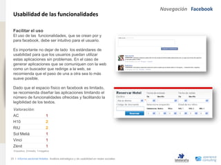 Navegación Facebook
                                Usabilidad de las funcionalidades
www.xperienceconsulting.com




                                Facilitar el uso
                                El uso de las funcionalidades, que se crean por y
                                para facebook, debe ser intuitivo para el usuario.

                                Es importante no dejar de lado los estándares de
                                usabilidad para que los usuarios puedan utilizar
                                estas aplicaciones sin problemas. En el caso de
                                generar aplicaciones que se comuniquen con la web
                                como un buscador que redirige a la web, se
                                recomienda que el paso de una a otra sea lo más
                                suave posible.

                                Dado que el espacio físico en facebook es limitado,
                                se recomienda diseñar las aplicaciones limitando el
                                número de funcionalidades ofrecidas y facilitando la
                                legibilidad de los textos.
                                Valoración:
                                AC                          1
                                H10                         2
                                RIU                         2
                                Sol Meliá                   1
                                Vinci                       1
                                Zénit                       1
                                3=positivo, 2=medio, 1=negativo


                              25 I Informe sectorial Hoteles Análisis estratégico y de usabilidad en redes sociales
25
 