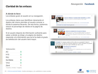 Navegación Facebook
                                Claridad de los enlaces
www.xperienceconsulting.com




                                A dónde te llevo
                                Los enlaces guían al usuario en su navegación.

                                Los enlaces claros que identifican claramente el
                                destino del mismo permiten al usuario conocer a
                                dónde le estamos llevando. De esa forma, podremos
                                reducir el porcentaje de rebote en la página de
                                destino.

                                Si el usuario dispone de información suficiente para
                                saber a dónde se dirige y la página de destino
                                responde a la información que se le ha dado el grado
                                de satisfacción del usuario será mayor.




                                Valoración:
                                AC                          3
                                H10                         3
                                RIU                         1
                                Sol Meliá                   3
                                Vinci                       3
                                Zénit                       1
                                3=positivo, 2=medio, 1=negativo


                              26 I Informe sectorial Hoteles Análisis estratégico y de usabilidad en redes sociales
26
 