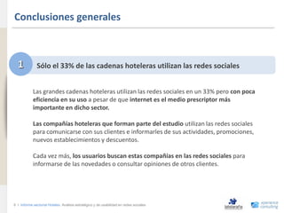 Conclusiones generales
www.xperienceconsulting.com




                                1           Sólo el 33% de las cadenas hoteleras utilizan las redes sociales


                                          Las grandes cadenas hoteleras utilizan las redes sociales en un 33% pero con poca
                                          eficiencia en su uso a pesar de que internet es el medio prescriptor más
                                          importante en dicho sector.

                                          Las compañías hoteleras que forman parte del estudio utilizan las redes sociales
                                          para comunicarse con sus clientes e informarles de sus actividades, promociones,
                                          nuevos establecimientos y descuentos.

                                          Cada vez más, los usuarios buscan estas compañías en las redes sociales para
                                          informarse de las novedades o consultar opiniones de otros clientes.




                              6 I Informe sectorial Hoteles Análisis estratégico y de usabilidad en redes sociales
6
 