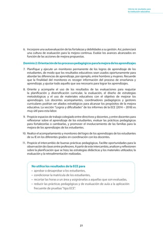 21
Informe de resultados para
la institución educativa
6. Incorpore una autoevaluación de las fortalezas y debilidades a su gestión. Así, potenciará
una cultura de evaluación para la mejora continua. Evalúe los avances alcanzados en
función de las acciones de mejora propuestas.
Dominio2:Orientacióndelosprocesospedagógicosparalamejoradelosaprendizajes
7. Planifique y ejecute un monitoreo permanente de los logros de aprendizaje de los
estudiantes, de modo que los resultados educativos sean usados oportunamente para
abordar las diferencias de aprendizaje, por ejemplo, entre hombres y mujeres. Recuerde
que la finalidad del monitoreo es recoger información del proceso de enseñanza y
aprendizaje, y ajustar todo aquello que sea necesario para lograr los aprendizajes.
8. Oriente y acompañe el uso de los resultados de las evaluaciones para reajustar
la planificación y diversificación curricular, la evaluación, el diseño de estrategias
metodológicas y el uso de materiales educativos con el objetivo de mejorar los
aprendizajes. Los docentes acompañantes, coordinadores pedagógicos y gestores
curriculares podrían ser aliados estratégicos para alcanzar los propósitos de la mejora
educativa. La sección “Logros y dificultades” de los informes de la ECE (2014 – 2018) es
muy útil para esta labor.
9. Propicie espacios de trabajo colegiado entre directivos y docentes, y entre docentes para
reflexionar sobre el aprendizaje de los estudiantes, evaluar las prácticas pedagógicas
para fortalecerlas o cambiarlas, y promover el involucramiento de las familias para la
mejora de los aprendizajes de los estudiantes.
10. Realice el acompañamiento y monitoreo del logro de los aprendizajes de los estudiantes
de su IE en los diferentes grados en coordinación con los docentes.
11. Propicie el intercambio de buenas prácticas pedagógicas. Facilite oportunidades para la
observacióndeclasesentreprofesores.Apartirdeesteintercambio,analicenyreflexionen
sobre la planificación que se hizo; las estrategias didácticas y los materiales utilizados; la
evaluación y la retroalimentación realizadas.
No utilice los resultados de la ECE para
• aprobar o desaprobar a los estudiantes,
• condicionar la matrícula de los estudiantes,
• recortar las horas a un área y asignárselas a aquellas que son evaluadas,
• reducir las prácticas pedagógicas y de evaluación de aula a la aplicación
frecuente de pruebas“tipo ECE”.
 