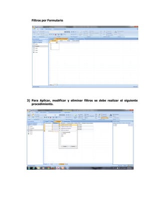 Filtros por Formulario
3) Para Aplicar, modificar y eliminar filtros se debe realizar el siguiente
procedimiento.
 