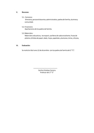 V. Recursos:
5.1. Humanos:
Directora,personal docente yadministrativo,padresde familia,alumnosy
comunidad.
5.2.Financiero:
Aportaciones de lospadresde familia.
5.3.Materiales:
Materialeseducativos, tecnoport,casillerosde cadaestudiante,frutasde
plástico,billetesde papel,dado, hojas, papelotes,plumones,letras,silicona,
VI. Evaluación:
Se realizóel día lunes12 de diciembre conlospadresde familiadel 2°“C”.
Guillen Esteban Carrera
Profesor del 2° “C”
 