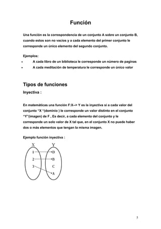 Función

    Una función es la correspondencia de un conjunto A sobre un conjunto B,
    cuando estos son no vacíos y a cada elemento del primer conjunto le
    corresponde un único elemento del segundo conjunto.


    Ejemplos:
•         A cada libro de un biblioteca le corresponde un número de paginas
•         A cada meditación de temperatura le corresponde un único valor




    Tipos de funciones
    Inyectiva :


    En matemáticas una función F:X--> Y es Ia inyectiva si a cada valor del
    conjunto “X “(dominio ) le corresponde un valor distinto en el conjunto
    “Y”(imagen) de F , Es decir, a cada elemento del conjunto y le
    corresponde un solo valor de X tal que, en el conjunto X no puede haber
    dos o más elementos que tengan la misma imagen.


    Ejemplo función inyectiva :




                                                                              5
 