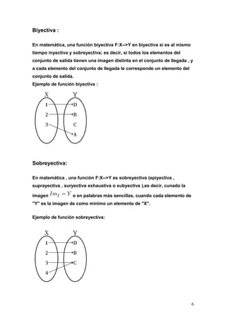 Biyectiva :

En matemática, una función biyectiva F:X-->Y en biyectiva si es al mismo
tiempo inyectiva y sobreyectiva; es decir, si todos los elementos del
conjunto de salida tienen una imagen distinta en el conjunto de llegada , y
a cada elemento del conjunto de llegada le corresponde un elemento del
conjunto de salida.
Ejemplo de función biyectiva :




Sobreyectiva:

En matemática , una función F:X-->Y es sobreyectiva (epiyectiva ,
suprayectiva , suryectiva exhaustiva o subyectiva ),es decir, cunado la

imagen            o en palabras más sencillas, cuando cada elemento de
"Y" es la imagen de como mínimo un elemento de "X".


Ejemplo de función sobreyectiva:




                                                                           6
 