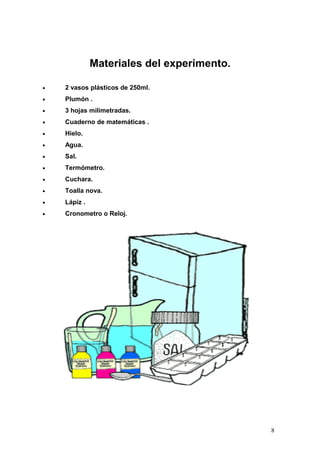 Materiales del experimento.

•   2 vasos plásticos de 250ml.
•   Plumón .
•   3 hojas milimetradas.
•   Cuaderno de matemáticas .
•   Hielo.
•   Agua.
•   Sal.
•   Termómetro.
•   Cuchara.
•   Toalla nova.
•   Lápiz .
•   Cronometro o Reloj.




                                            8
 