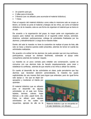  Un pizarrón para gis.
 2 sillas para el docente.
 3 libreros (uno es utilizado para acomodar el material didáctico).
 1 mesa.
Para el espacio del material didáctico como antes lo mencione solo se ocupa un
librero, en donde se pone el material y trabajos de los niños, así como el material
didáctico de la maestra, esta es una forma de organizar el material que se tiene en
el aula.
De acuerdo a la organización del grupo, la mayor parte son organizados por
equipos para realizar las actividades en el siguiente orden: lectura, actividad,
dinámica, actividad, participaciones, entrega de actividades finalizadas por los
alumnos y retroalimentación a cargo de la maestra titular.
Dentro del aula la maestra no tiene la costumbre de realizar el pase de lista, ella
solo se basa y observa quienes están presentes, además de tomar en cuenta las
actividades realizadas.
De acuerdo a la actitud de los alumnos me pude percatar que son muy cariñosos,
participativos, aunque se distraen fácilmente, sobresale el apoyo entre
compañeros además de mantener respeto.
La maestra es un poco cerrada para entablar una conversación, cuando se
comunica con sus alumnos trata de hacerlo respetuosamente, para crear o
establecer la confianza, además de que enseña a los niños a utilizar los valores.
En cuanto al desarrollo de las actividades en clase, pude percatarme que hay
alumnos que necesitan atención personalizada, la maestra los ayuda
explicándoles de una manera fácil para lograr que entiendan, pero de igual forma
solo apoya a los que se dejan ser
apoyados y mantienen el interés por
aprender.
El material didáctico que es utilizado
para el desarrollo de algunas
actividades en el aula son: fichas,
tarjetas, laminas, colores, hojas
blancas y de color, papel bond, etc.
Estos se utilizan para algunas
actividades en las cuales son
requeridas, ejemplo de ello es la Material didáctico que se encuentra en
el aula (tarjetones con dibujos).
 