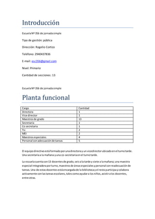 Introducción
EscuelaNº 356 de jornadasimple
Tipo de gestión: pública
Dirección: Rogelio Cortizo
Teléfono: 2940437836
E-mail: esc356@gmail.com
Nivel: Primario
Cantidad de secciones: 13
EscuelaNº 356 de jornadasimple
Planta funcional
Cargo Cantidad
Directora 1
Vice director 1
Maestrosde grado 13
Secretaria 1
Co secretaria 1
Tic 2
MEI 2
Maestrosespeciales 4
Personal conadecuaciónde tareas 5
El equipodirectivoestáformadoporunadirectoray un vicedirectorubicadoenel turnotarde.
Una secretariaa la mañana yuna co-secretariaenel turnotarde.
La escuelacuentacon13 docentesde grado,seisala tarde y siete a lamañana; una maestra
especial integradoraporturno,maestrosde áreasespecialesypersonal conreadecuaciónde
tareas.Una de estasdocentesestáencargadade la bibliotecayel restoparticipaycolabora
activamente conlastareasescolares,talescomoayudara losniños,asistiralos docentes,
entre otras.
 