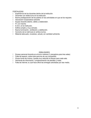 FORTALEZAS
 Experiencia de los docentes dentro de la institución.
 Docentes con doble turno en la institución.
 Buena predisposición de los padres en las actividades en que se los requiere.
 Asociación Cooperadora solvente
 Equipo docente abierto, cálido y colaborador.
 P.I. en marcha
 E.O.E. en la institución.
 Edificio amplio y muy cómodo.
 Buena iluminación, ventilación y calefacción.
 Aumento de la matrícula en ambos turnos.
 Material adecuado, novedoso, actual y en cantidad suficiente.
DEBILIDADES
 Escaso personal docente en el turno mañana (1 preceptora para tres salas)
 Falta de espacio, sobre todo para los de uso compartido.
 Pocas horas de música. (queda muy reducido el tiempo para cada sala.
 Demanda de información, cumplimentación de planillas y notas.
 Falta de internet, lo cual hace difícil las entregas solicitadas por ese medio.
8
 