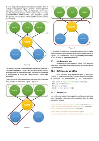 Si en el diagnóstico, la persona atendida muestra los datos de
verde presentados en la Figura 1, entonces el sistema derivara
y compara que el centro es Gripe, siendo esta la enfermedad,y
por defecto para curar esta enfermedad muestra 2 opciones,
CLORFENAMINA, PARACETAMOL, o las 2 opciones según la
designación que se le dé a la enfermedad llenada en la base del
conocimiento.
Figura 2
Los gráficos cambian en la abstracción que demos al ejecutar y
como se muestra en la Figura 2 vemos que en la parte superior
están los datos de entrada(síntomas), derivando de losmismos,
la Enfermedad, y ultimo los Medicamentos, como hojas
terminales.
Como mencioné anteriormente se puede tener 1 respuesta final,
o las 2, como en la Figura 2, Figura 3, Figura 4.
Figura 3
Figura 4
Es necesario la abstracción,para poder entender cómofunciona
internamente nuestro sistema,pues al comienzo se mostró en la
Figura 1, una forma estrella,yen las siguientes figuras,entrando
en una especie de idea de arborización.
2.2. Implementación
Para llevar un buen desarrollo óptimo y con velocidad
optimizada, para una funcionalidad correcta la dividimos en las
siguientes partes.
2.2.1. Definición de Variables
Estas variables son importantes para la ejecución,
servirán en las funcionalidades y acciones determinantes para
la extracción de Enfermedades y sus Medicamentos.
2.2.2. Sentencias
Las sentencias nos servirán para poder analizar y comparar los
datos ingresados yobtener la enfermedad y los datos de salida,
adecuados al caso.
 