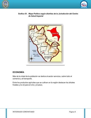 INTERNADO COMUNITARIO Página 8
REDDESERVI
C
IOSDESALUD CA
ÑETEYAUYOS
Grafico 01. Mapa Político según distritos de la Jurisdicción del Centro
de Salud Imperial
ECONOMÍA
Más de la mitad de la población se dedica al sector servicios, sobre todo al
comercio y al transporte.
Entre los productos agrícolas que se cultivan en la región destacan los árboles
frutales y la vid para el vino y el pisco.
 