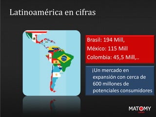 Latinoamérica en cifras
Brasil: 194 Mill,
México: 115 Mill
Colombia: 45,5 Mill,..
¡Un mercado en
expansión con cerca de
600 millones de
potenciales consumidores
 
