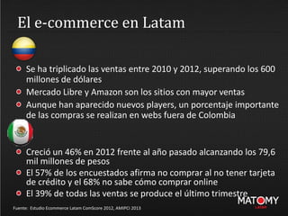 El e-commerce en Latam
Se ha triplicado las ventas entre 2010 y 2012, superando los 600
millones de dólares
Mercado Libre y Amazon son los sitios con mayor ventas
Aunque han aparecido nuevos players, un porcentaje importante
de las compras se realizan en webs fuera de Colombia
Fuente: Estudio Ecommerce Latam ComScore 2012, AMIPCI 2013
Creció un 46% en 2012 frente al año pasado alcanzando los 79,6
mil millones de pesos
El 57% de los encuestados afirma no comprar al no tener tarjeta
de crédito y el 68% no sabe cómo comprar online
El 39% de todas las ventas se produce el último trimestre
 