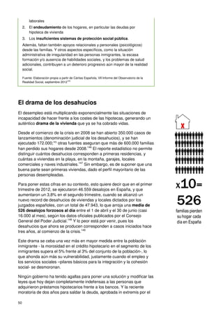 50
laborales
2. El endeudamiento de los hogares, en particular las deudas por
hipoteca de vivienda
3. Los insuficientes sistemas de protección social pública.
Además, faltan también apoyos relacionales y personales (psicológicos)
desde las familias. Y otros aspectos específicos, como la situación
administrativa de irregularidad en las personas inmigrantes, la escasa
formación y/o ausencia de habilidades sociales, y los problemas de salud
adicionales, contribuyen a un deterioro progresivo aún mayor de la realidad
social.
Fuente: Elaboración propia a partir de Cáritas Española, VII Informe del Observatorio de la
Realidad Social, septiembre 2012144
El drama de los desahucios
El desempleo está multiplicando exponencialmente las situaciones de
incapacidad de hacer frente a los costes de las hipotecas, generando un
auténtico drama de la vivienda que ya se ha cobrado vidas.
Desde el comienzo de la crisis en 2008 se han abierto 350.000 casos de
lanzamientos (denominación judicial de los desahucios), y se han
ejecutado 172.000;145
otras fuentes aseguran que más de 600.000 familias
han perdido sus hogares desde 2008.146
El reporte estadístico no permite
distinguir cuántos desahucios corresponden a primeras residencias, y
cuántas a viviendas en la playa, en la montaña, garajes, locales
comerciales y naves industriales.147
Sin embargo, es de suponer que una
buena parte sean primeras viviendas, dado el perfil mayoritario de las
personas desempleadas.
Para poner estas cifras en su contexto, esto quiere decir que en el primer
trimestre de 2012, se ejecutaron 46.559 desalojos en España, y que
aumentaron un 3,8% en el segundo trimestre, cuando se alcanzó un
nuevo record de desahucios de viviendas y locales dictados por los
juzgados españoles, con un total de 47.943, lo que arroja una media de
526 desalojos forzosos al día entre el 1 de abril y el 30 de junio (casi
16.000 al mes), según los datos oficiales publicados por el Consejo
General del Poder Judicial.148
Y lo peor está por venir, pues los
desahucios que ahora se producen corresponden a casos iniciados hace
tres años, al comienzo de la crisis.149
Este drama se ceba una vez más en mayor medida entre la población
inmigrante - la morosidad en el crédito hipotecario en el segmento de los
inmigrantes supera el 5% frente al 3% del conjunto de la población-, lo
que ahonda aún más su vulnerabilidad, justamente cuando el empleo y
los servicios sociales –pilares básicos para la integración y la cohesión
social- se desmoronan.
Ningún gobierno ha tenido agallas para poner una solución y modificar las
leyes que hoy dejan completamente indefensas a las personas que
adquirieron préstamos hipotecarios frente a los bancos. Y la reciente
moratoria de dos años para saldar la deuda, aprobada in extremis por el
x10=
526
familias pierden
su hogar cada
día en España
 