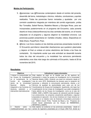 9
Modos de Participación:
1. @ponencias: Las @Ponencias contemplaron desde el nombre del ponente,
desarrollo del tema, met...