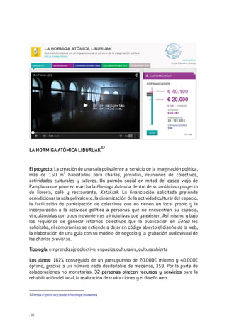 - 30 -
LA HORMIGA ATÓMICA LIBURUAKLA HORMIGA ATÓMICA LIBURUAKLA HORMIGA ATÓMICA LIBURUAKLA HORMIGA ATÓMICA LIBURUAK32323232
El proyectoEl proyectoEl proyectoEl proyecto: La creación de una sala polivalente al servicio de la imaginación política,
más de 150 m2
habilitados para charlas, jornadas, reuniones de colectivos,
actividades culturales y talleres. Un pulmón social en mitad del casco viejo de
Pamplona que pone en marcha la Hormiga Atómica, dentro de su ambicioso proyecto
de librería, café y restaurante, Katakrak. La financiación solicitada pretende
acondicionar la sala polivalente, la dinamización de la actividad cultural del espacio,
la facilitación de participación de colectivos que no tienen un local propio y la
incorporación a la actividad política a personas que no encuentran su espacio,
vinculándolas con otros movimientos o iniciativas que ya existen. Así mismo, y bajo
los requisitos de generar retornos colectivos que la publicación en Goteo les
solicitaba, el compromiso se extiende a dejar en código abierto el diseño de la web,
la elaboración de una guía con su modelo de negocio y la grabación audiovisual de
las charlas previstas.
TTTTipología:ipología:ipología:ipología: emprendizaje colectivo, espacios culturales, cultura abierta
Los datosLos datosLos datosLos datos: 162% conseguido de un presupuesto de 20.000€ mínimo y 40.000€
óptimo, gracias a un número nada desdeñable de mecenas, 359. Por la parte de
colaboraciones no monetarias, 32 personas ofrecen recursos y servicios32 personas ofrecen recursos y servicios32 personas ofrecen recursos y servicios32 personas ofrecen recursos y servicios para la
rehabilitación del local, la realización de traducciones y el diseño web.
32 https://goteo.org/project/hormiga-mutantea
 