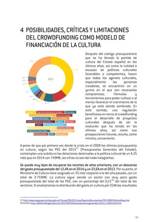 - 55 -
4444 POSIBILIDADES, CRÍTICAS Y LIMITACIONESPOSIBILIDADES, CRÍTICAS Y LIMITACIONESPOSIBILIDADES, CRÍTICAS Y LIMITACIONESPOSIBILIDADES, CRÍTICAS Y LIMITACIONES
DEL CROWDFUNDING COMO MODELO DEDEL CROWDFUNDING COMO MODELO DEDEL CROWDFUNDING COMO MODELO DEDEL CROWDFUNDING COMO MODELO DE
FINANCIACIÓN DE LA CULTURAFINANCIACIÓN DE LA CULTURAFINANCIACIÓN DE LA CULTURAFINANCIACIÓN DE LA CULTURA
Después del castigo presupuestario
que se ha llevado la partida de
cultura del Estado español en los
últimos años, así como la nulidad o
escasez de políticas culturales
favorables o competentes, hacen
que todos los agentes culturales,
especialmente las personas
creadoras, se encuentren en un
yermo en el que son necesarios
compromisos. Fórmulas y
herramientas para poder cultivar o al
menos favorecer el crecimiento de lo
que ya está siendo sembrado. En
este sentido, una regulación
beneficiosa en torno al crowdfunding
para el desarrollo de proyectos
culturales después de ver la
evolución que ha tenido en los
últimos años, así como sus
prospecciones futuras, resulta, como
mínimo, conveniente.
A pesar de que por primera vez desde la crisis en el 2008 los últimos presupuestos
en cultura, según los PGE del 201557
(Presupuestos Generales del Estado),
contemplan una subida en las dotaciones destinadas a la política cultural de un 4,3%
más que en 2014 con 749M€, las cifras no son del nada halagüeñas.
Se queda muy lejos de recuperar los recortes de años anterioresSe queda muy lejos de recuperar los recortes de años anterioresSe queda muy lejos de recuperar los recortes de años anterioresSe queda muy lejos de recuperar los recortes de años anteriores,,,, con un descensocon un descensocon un descensocon un descenso
del gasto presupuestado del 12,4% en el 2014 y un 22,6% en el 2013del gasto presupuestado del 12,4% en el 2014 y un 22,6% en el 2013del gasto presupuestado del 12,4% en el 2014 y un 22,6% en el 2013del gasto presupuestado del 12,4% en el 2014 y un 22,6% en el 2013. Por su parte, el
Ministerio de Cultura tiene asignado un 3% más respecto a la del año pasado, con un
total de 2.759M€. La cultura sigue siendo un sector con muy poco gasto
presupuestado del total de los PGE, con un porcentaje del 0,2158
del total de los
sectores. Si analizáramos la distribución del gasto en cultura por CCAA los resultados
57 http://www.sepg.pap.minhap.gob.es/Presup/PGE2015Ley/MaestroDocumentos/PGE-ROM/MnSerieRoja.htm
58 Gráfico http://www.huffingtonpost.es/2014/09/30/presupuestos-generales-2015_n_5905220.html
 