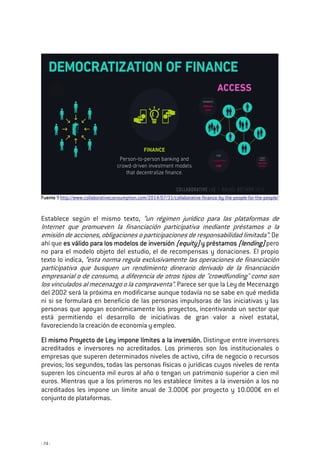 - 74 -
FuenteFuenteFuenteFuente 9 http://www.collaborativeconsumption.com/2014/07/31/collaborative-finance-by-the-people-for-the-people/
Establece según el mismo texto, “un régimen jurídico para las plataformas de
Internet que promueven la financiación participativa mediante préstamos o la
emisión de acciones, obligaciones o participaciones de responsabilidad limitada”. De
ahí que es válido para los modelos de inversiónes válido para los modelos de inversiónes válido para los modelos de inversiónes válido para los modelos de inversión (eq(eq(eq(equity)uity)uity)uity) y préstamosy préstamosy préstamosy préstamos (lending)(lending)(lending)(lending) pero
no para el modelo objeto del estudio, el de recompensas y donaciones. El propio
texto lo indica, “esta norma regula exclusivamente las operaciones de financiación
participativa que busquen un rendimiento dinerario derivado de la financiación
empresarial o de consumo, a diferencia de otros tipos de "crowdfunding" como son
los vinculados al mecenazgo o la compraventa”. Parece ser que la Ley de Mecenazgo
del 2002 será la próxima en modificarse aunque todavía no se sabe en qué medida
ni si se formulará en beneficio de las personas impulsoras de las iniciativas y las
personas que apoyan económicamente los proyectos, incentivando un sector que
está permitiendo el desarrollo de iniciativas de gran valor a nivel estatal,
favoreciendo la creación de economía y empleo.
El mismo Proyecto de Ley impone límites a la inversión.El mismo Proyecto de Ley impone límites a la inversión.El mismo Proyecto de Ley impone límites a la inversión.El mismo Proyecto de Ley impone límites a la inversión. Distingue entre inversores
acreditados e inversores no acreditados. Los primeros son los institucionales o
empresas que superen determinados niveles de activo, cifra de negocio o recursos
previos; los segundos, todas las personas físicas o jurídicas cuyos niveles de renta
superen los cincuenta mil euros al año o tengan un patrimonio superior a cien mil
euros. Mientras que a los primeros no les establece límites a la inversión a los no
acreditados les impone un límite anual de 3.000€ por proyecto y 10.000€ en el
conjunto de plataformas.
 