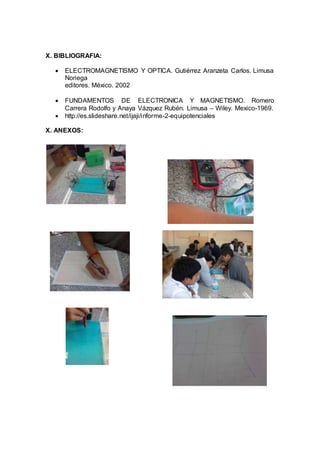 X. BIBLIOGRAFIA: 
 ELECTROMAGNETISMO Y OPTICA. Gutiérrez Aranzeta Carlos. Limusa 
Noriega 
editores. México. 2002 
 FUNDAMENTOS DE ELECTRONICA Y MAGNETISMO. Romero 
Carrera Rodolfo y Anaya Vázquez Rubén. Limusa – Wiley. Mexico-1969. 
 http://es.slideshare.net/ijaji/informe-2-equipotenciales 
X. ANEXOS: 
 