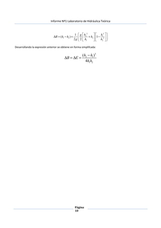 Informe Nº1 Laboratorio de Hidráulica Teórica
Página
10
2 2
2 1
1 2 2 2
1 2
1
( ) 1
2 2
h hg
B h h h
g h h
    
∆ = − + + −     
    
Desarrollando la expresión anterior se obtiene en forma simplifcada:
3
2 1
1 2
( )
4
h h
B E
h h
−
∆ = ∆ =
 