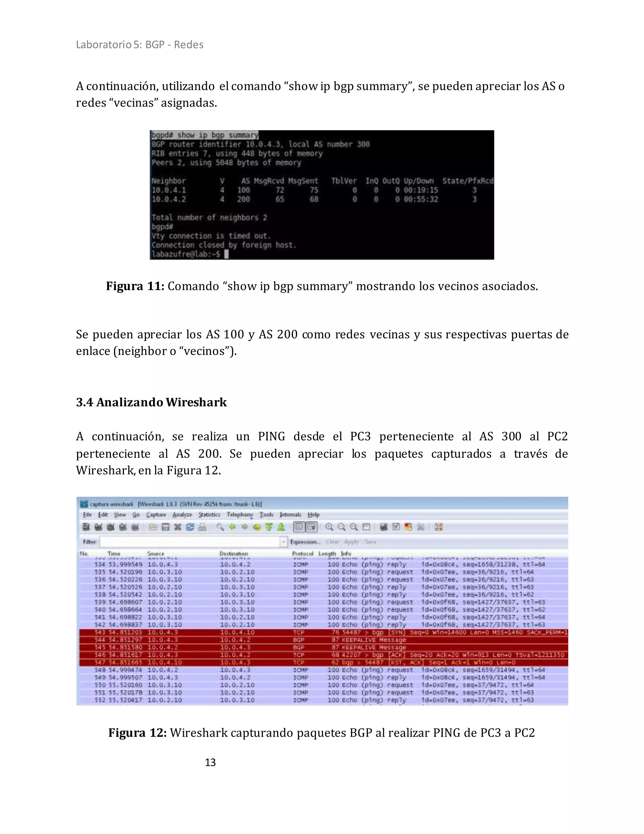 Laboratorio5: BGP - Redes
13
A continuación, utilizando el comando “show ip bgp summary”, se pueden apreciar los AS o
redes “vecinas” asignadas.
Figura 11: Comando “show ip bgp summary” mostrando los vecinos asociados.
Se pueden apreciar los AS 100 y AS 200 como redes vecinas y sus respectivas puertas de
enlace (neighbor o “vecinos”).
3.4 Analizando Wireshark
A continuación, se realiza un PING desde el PC3 perteneciente al AS 300 al PC2
perteneciente al AS 200. Se pueden apreciar los paquetes capturados a través de
Wireshark, en la Figura 12.
Figura 12: Wireshark capturando paquetes BGP al realizar PING de PC3 a PC2
 