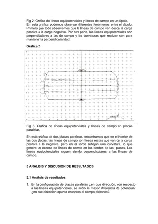 Fig 2. Grafica de líneas equipotenciales y líneas de campo en un dipolo.
En esta grafica podemos observar diferentes fenómenos entre el dipolo.
Primero que todo observamos que la líneas de campo van desde la carga
positiva a la carga negativa. Por otra parte, las líneas equipotenciales son
perpendiculares a las de campo y las curvaturas que realizan son para
mantener la perpendicularidad.

Gráfica 2




Fig 3. Gráfica de líneas equipotenciales y líneas de campo en placas
paralelas.

En esta gráfica de dos placas paralelas, encontramos que en el interior de
las dos placas, las líneas de campo son líneas rectas que van de la carga
positiva a la negativa, pero en el borde reflejan una curvatura, lo que
genera un exceso de líneas de campo en los bordes de las placas. Las
líneas equipotenciales siguen siendo perpendiculares a las líneas de
campo.


5 ANALISIS Y DISCUSION DE RESULTADOS


5.1 Análisis de resultados

1. En la configuración de placas paralelas ¿en que dirección, con respecto
   a las líneas equipotenciales, se midió la mayor diferencia de potencial?
   ¿en que dirección apunta entonces el campo eléctrico?.
 