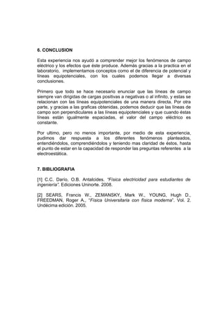 6. CONCLUSION

Esta experiencia nos ayudó a comprender mejor los fenómenos de campo
eléctrico y los efectos que éste produce. Además gracias a la practica en el
laboratorio, implementamos conceptos como el de diferencia de potencial y
líneas equipotenciales, con los cuales podemos llegar a diversas
conclusiones.

Primero que todo se hace necesario enunciar que las líneas de campo
siempre van dirigidas de cargas positivas a negativas o al infinito, y estas se
relacionan con las líneas equipotenciales de una manera directa. Por otra
parte, y gracias a las graficas obtenidas, podemos deducir que las líneas de
campo son perpendiculares a las líneas equipotenciales y que cuando éstas
líneas están igualmente espaciadas, el valor del campo eléctrico es
constante.

Por ultimo, pero no menos importante, por medio de esta experiencia,
pudimos dar respuesta a los diferentes fenómenos planteados,
entendiéndolos, comprendiéndolos y teniendo mas claridad de éstos, hasta
el punto de estar en la capacidad de responder las preguntas referentes a la
electroestática.


7. BIBLIOGRAFIA

[1] C.C. Darío, O.B. Antalcides. “Física electricidad para estudiantes de
ingeniería”. Ediciones Uninorte. 2008.

[2] SEARS, Francis W., ZEMANSKY, Mark W., YOUNG, Hugh D.,
FREEDMAN, Roger A., “Física Universitaria con física moderna”. Vol. 2.
Undécima edición. 2005.
 