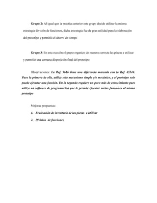Grupo 2: Al igual que la práctica anterior este grupo decide utilizar la misma
estrategia división de funciones, dicha estrategia fue de gran utilidad para la elaboración
del prototipo y permitió el ahorro de tiempo
Grupo 3: En esta ocasión el grupo organizo de manera correcta las piezas a utilizar
y permitió una correcta disposición final del prototipo
Observaciones: La Ref. 9686 tiene una diferencia marcada con la Ref. 45544.
Pues la primera de ella, utiliza solo mecanismo simple y/o mecánico, y el prototipo solo
puede ejecutar una función. En la segundo requiere un poco más de conocimiento pues
utiliza un software de programación que le permite ejecutar varias funciones al mismo
prototipo
Mejoras propuestas:
1. Realización de inventario de las piezas a utilizar
2. División de funciones
 