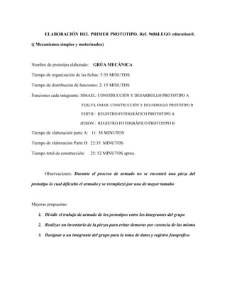 ELABORACIÓN DEL PRIMER PROTOTIPO. Ref. 9686LEGO education®.
(( Mecanismos simples y motorizados)
Nombre de prototipo elaborado: GRÚA MECÁNICA
Tiempo de organización de las fichas: 5:35 MINUTOS
Tiempo de distribución de funciones: 2: 15 MINUTOS
Funciones cada integrante: ISMAEL: CONSTRUCCIÓN Y DESARROLLO PROTOTIPO A
YERLYS, OMAR: CONSTRUCCIÓN Y DESARROLLO PROTOTIPO B
EDITH : REGISTRO FOTOGRÁFICO PROTOTIPO A
JEISON : REGISTRO FOTOGRÁFICO PROTOTIPO B
Tiempo de elaboración parte A: 11: 58 MINUTOS
Tiempo de elaboración Parte B: 22:35 MINUTOS
Tiempo total de construcción: 25: 52 MINUTOS aprox.
Observaciones: Durante el proceso de armado no se encontró una pieza del
prototipo lo cual dificulto el armado y se reemplazó por una de mayor tamaño
Mejoras propuestas:
1. Dividir el trabajo de armado de los prototipos entre los integrantes del grupo
2. Realizar un inventario de la piezas para evitar demorar por carencia de las misma
3. Designar a un integrante del grupo para la toma de datos y registro fotográfico
 