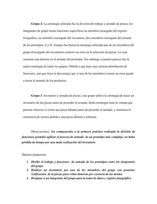 Grupo 2: La estrategia utilizada fue la división del trabajo y armado de piezas, los
integrantes de grupo tenías funciones específicas un miembro encargado del registro
fotográfico, un miembro encargado del inventario, dos miembros encargado del armado
de los prototipos A y B. Aunque fue buena la estrategia utilizada uno de los miembros del
grupo (Encargado del inventario) cometió un error en la selección de piezas. Lo cual
ocasionó una demora en el armado del prototipo. Sin embargo a nuestro parecer fue la
mejor estrategia de todos los grupos. Debido a que hace una correcta distribución de
funciones, aun que tiene la desventaja, que si uno de los miembros comete un error puede
a trazar el armado de los productos
Grupo 3: Inventario y armado de piezas, este grupo utilizo la estrategia de hacer un
inventario de las piezas antes de proceder al armado, dicha estrategia tiene la ventaja que
permite observar si existe una pieza faltante antes de proceder al armado, y minimiza la
ocurrencia de errores debido a una pieza faltante u sobrante.
Observaciones: En comparación a la primera práctica realizada la división de
funciones permitió agilizar el proceso de armado de un prototipo más complejo, no hubo
pérdida de tiempo por una mala realización del inventario
Mejoras propuestas:
1. Dividir el trabajo y funciones de armado de los prototipos entre los integrantes
del grupo
2. Realizar un inventario por uno de los miembros del grupo con posterior
verificación de la piezas para evitar demorar por carencia de las misma
3. Designar a un integrante del grupo para la toma de datos y registro fotográfico
 