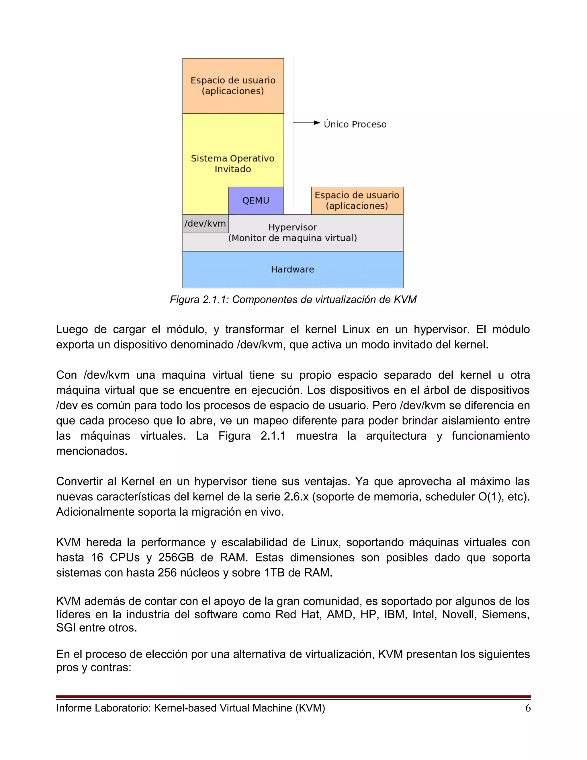 Figura 2.1.1: Componentes de virtualización de KVM
Luego de cargar el módulo, y transformar el kernel Linux en un hypervisor. El módulo
exporta un dispositivo denominado /dev/kvm, que activa un modo invitado del kernel.
Con /dev/kvm una maquina virtual tiene su propio espacio separado del kernel u otra
máquina virtual que se encuentre en ejecución. Los dispositivos en el árbol de dispositivos
/dev es común para todo los procesos de espacio de usuario. Pero /dev/kvm se diferencia en
que cada proceso que lo abre, ve un mapeo diferente para poder brindar aislamiento entre
las máquinas virtuales. La Figura 2.1.1 muestra la arquitectura y funcionamiento
mencionados.
Convertir al Kernel en un hypervisor tiene sus ventajas. Ya que aprovecha al máximo las
nuevas características del kernel de la serie 2.6.x (soporte de memoria, scheduler O(1), etc).
Adicionalmente soporta la migración en vivo.
KVM hereda la performance y escalabilidad de Linux, soportando máquinas virtuales con
hasta 16 CPUs y 256GB de RAM. Estas dimensiones son posibles dado que soporta
sistemas con hasta 256 núcleos y sobre 1TB de RAM.
KVM además de contar con el apoyo de la gran comunidad, es soportado por algunos de los
líderes en la industria del software como Red Hat, AMD, HP, IBM, Intel, Novell, Siemens,
SGI entre otros.
En el proceso de elección por una alternativa de virtualización, KVM presentan los siguientes
pros y contras:
Informe Laboratorio: Kernel-based Virtual Machine (KVM) 6
 