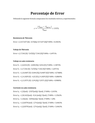 Porcentaje de Error
Utilizando la siguiente formula comparamos los resultados teóricos y experimentales:
Resistencia de Thévenin
Error = ( | 617,657 [Ω] - 617[Ω]|/ 617,657 [Ω])*100% = 0,1063%
Voltaje de Thévenin
Error = ( | 7,542 [V]- 7,67[V]|/ 7,542 [V])*100% = 1,6971%
Voltaje en cada resistencia
Error V1 = ( |2,016 [V] - 2,048 [V]|/ 2,016 [V] )*100% = 1,5873%
Error V2 = ( | 7,542 [V]- 7,67[V]|/ 7,542 [V])*100% = 1,6971%
Error V3 = ( | 0,4407 [V]- 0,444 [V]|/ 0,4407 [V])*100% = 0,7488%
Error V4 = ( | 4,1829 [V] - 4,22 [V] |/ 4,1829 [V])*100% = 0,8869%
Error V5 = ( | 3,3571 [V]- 3,39 [V]|/ 3,3571 [V])*100% = 0,9800%
Corriente en cada resistencia
Error IR1 = ( |3[mA] - 2,927[mA]|/ 3[mA] )*100% = 2,433%
Error IR2 = ( |0,1622[mA] - 0,16 [mA]|/ 3[mA] )*100% = 1,3562%
Error IR3 = ( |3[mA] - 3,054[mA]|/ 3[mA] )*100% = 1,8%
Error IR4 = ( |2,8378 [mA] - 2,74 [mA]|/ 3[mA] )*100% = 3,4463%
Error IR5 = ( |2,8378 [mA] - 2,74 [mA]|/ 3[mA] )*100% = 3,4463%
 