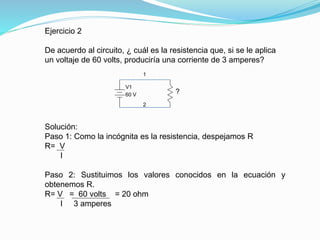 Ejercicio 2
De acuerdo al circuito, ¿ cuál es la resistencia que, si se le aplica
un voltaje de 60 volts, produciría una corriente de 3 amperes?
1
??
2
60 V
V1
Solución:
Paso 1: Como la incógnita es la resistencia, despejamos R
R= V
I
Paso 2: Sustituimos los valores conocidos en la ecuación y
obtenemos R.
R= V = 60 volts = 20 ohm
I 3 amperes
 