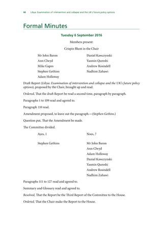 44   Libya: Examination of intervention and collapse and the UK’s future policy options 
Formal Minutes
Tuesday 6 September 2016
Members present:
Crispin Blunt in the Chair
Mr John Baron
Ann Clwyd
Mike Gapes
Stephen Gethins
Adam Holloway
Daniel Kawczynski
Yasmin Qureshi
Andrew Rosindell
Nadhim Zahawi
Draft Report (Libya: Examination of intervention and collapse and the UK’s future policy
options), proposed by the Chair, brought up and read.
Ordered, That the draft Report be read a second time, paragraph by paragraph.
Paragraphs 1 to 109 read and agreed to.
Paragraph 110 read.
Amendment proposed, to leave out the paragraph.—(Stephen Gethins.)
Question put, That the Amendment be made.
The Committee divided.
Ayes, 1
Stephen Gethins
Noes, 7
Mr John Baron
Ann Clwyd
Adam Holloway
Daniel Kawczynski
Yasmin Qureshi
Andrew Rosindell
Nadhim Zahawi
Paragraphs 111 to 127 read and agreed to.
Summary and Glossary read and agreed to.
Resolved, That the Report be the Third Report of the Committee to the House.
Ordered, That the Chair make the Report to the House.
 
