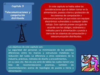 Capitulo 9
Telecomunicaciones y
computación
distribuida
En este capitulo se habla sobre las
consideraciones que se deben tomar en la
alimentación, puesta a tierra y protección de
los sistemas de computación y
telecomunicaciones ya que estos son equipos
electrónicos vulnerables a cualquier sobre
voltaje. Este capitulo provee una guía de
acuerdo con los códigos, estándares y
métodos para la alimentación y puesta a
tierra de los sistemas de computación y
telecomunicación distribuidos.
Los objetivos de este capitulo son:
La seguridad del personal; La minimización de las posibles
diferencias entre los marcos y estructuras metálicas; La
reducción del ruido; La diferencia a otros estándares de la
industria, prácticas, métodos de diseño y procedimientos,
en su caso; etc. Nos da una serie de tablas las cuales tienen una
lista de recomendaciones practicas, también da
recomendaciones acerca de topologías de puesta a tierra y
alimentación
 