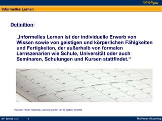 Informelles Lernen Definition : „ Informelles Lernen ist der individuelle Erwerb von Wissen sowie von geistigen und körperlichen Fähigkeiten und Fertigkeiten, der außerhalb von formalen Lernszenarien wie Schule, Universität oder auch Seminaren, Schulungen und Kursen stattfindet.“ * Source: Florian Heidecke, Learning Center, Uni St. Gallen, 04/2006 