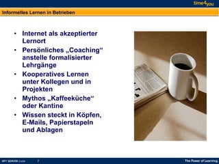Informelles Lernen in Betrieben Internet als akzeptierter Lernort Persönliches „Coaching“ anstelle formalisierter Lehrgänge Kooperatives Lernen unter Kollegen und in Projekten Mythos „Kaffeeküche“ oder Kantine Wissen steckt in Köpfen, E-Mails, Papierstapeln und Ablagen 