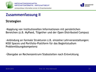 WIRTSCHAFTSWISSENSCHAFTEN
WIRTSCHAFTSINFORMATIK | WIRTSCHAFTSRECHT
Juniorprofessur Informelles Lernen im Erwachsenenalter
Strategien
-Kopplung von institutionellen Informationen mit persönlichen
Bereichen (z.B. MyPaed, TUgether und der Open Distributed Campus)
-Anbindung an formale Strukturen z.B. einzelne Lehrveranstaltungen:
KISD Spaces und Portfolio-Plattform für das Begleitstudium
Problemlösungskompetenz
-Übergabe an Rechenzentrum/Stabsstellen nach Entwicklung
Zusammenfassung II
28.04.2015 Prof. Dr. Nina Kahnwald 24
 