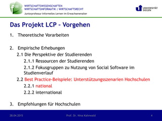 WIRTSCHAFTSWISSENSCHAFTEN
WIRTSCHAFTSINFORMATIK | WIRTSCHAFTSRECHT
Juniorprofessur Informelles Lernen im Erwachsenenalter
1. Theoretische Vorarbeiten
2. Empirische Erhebungen
2.1 Die Perspektive der Studierenden
2.1.1 Ressourcen der Studierenden
2.1.2 Fokusgruppen zu Nutzung von Social Software im
Studienverlauf
2.2 Best Practice-Beispiele: Unterstützungsszenarien Hochschulen
2.2.1 national
2.2.2 international
3. Empfehlungen für Hochschulen
Das Projekt LCP – Vorgehen
28.04.2015 Prof. Dr. Nina Kahnwald 4
 